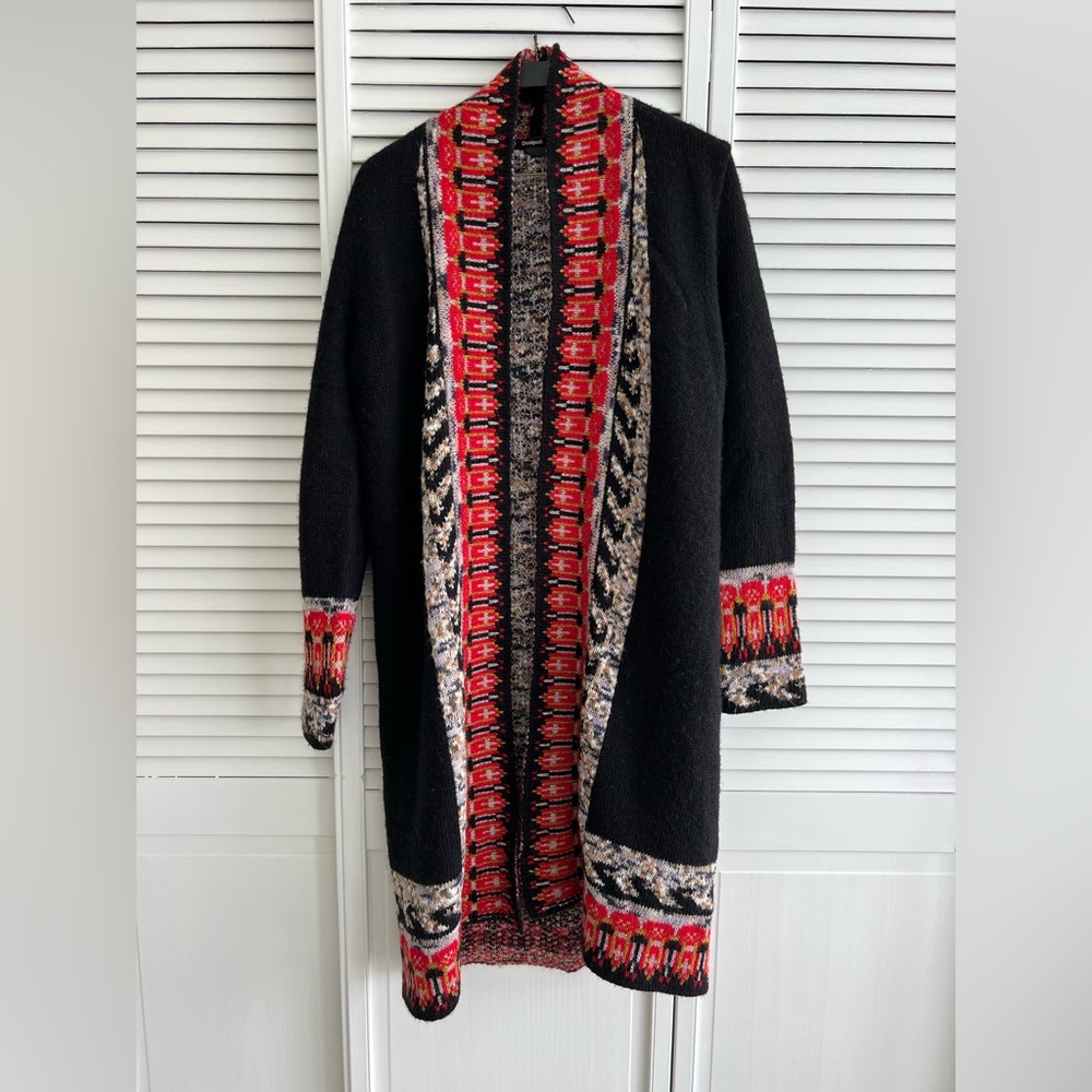 Desigual – Border Print Long Cardigan Black Small